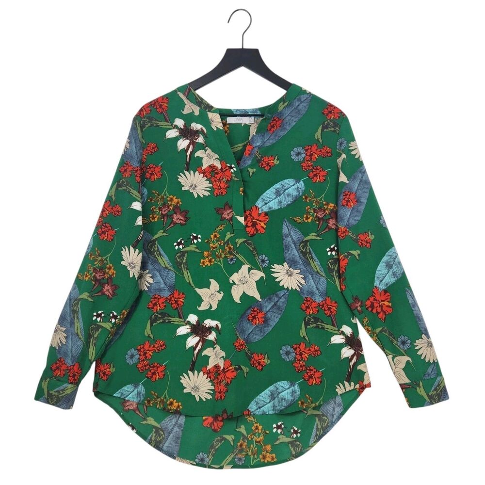 Dalia Womens Tunic Blouse Large Green Graphic Floral Spring Artsy Bloomcore Boho
